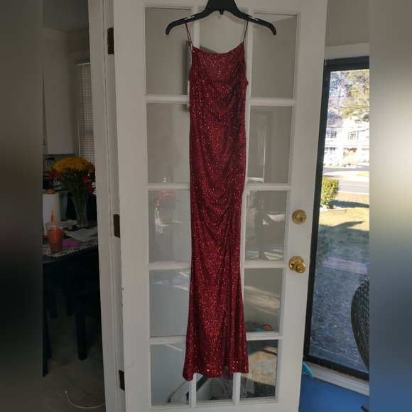 slim fit dress slacks Sexy Deep V Neck Tulle High Slit Burgundy Prom Dress Evening Dress US0 / Custom Color main image 0